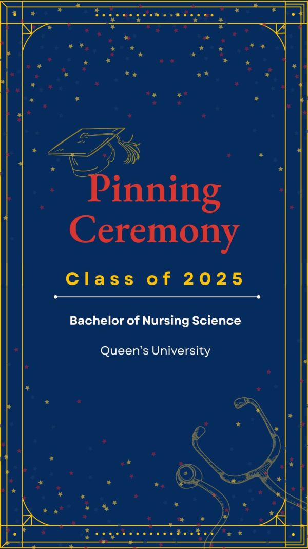 blue background with text stating Queens Nursing Pinning Ceremony