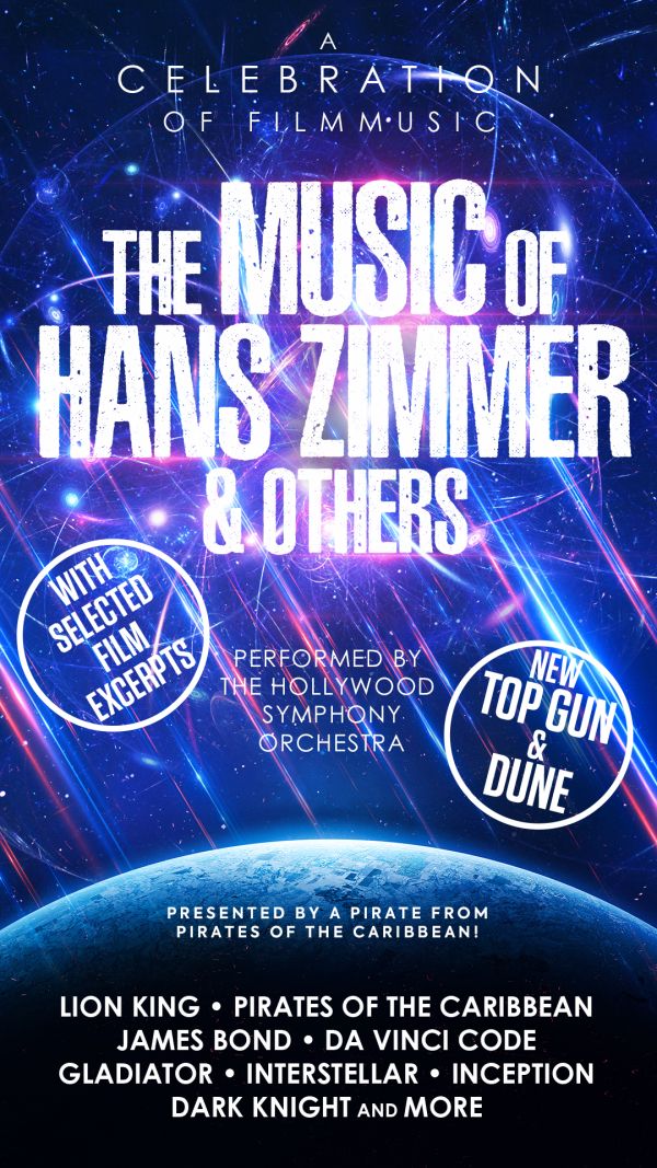Bright blue and black streaked background with white text stating The Music of Hans Zimmer and Others
