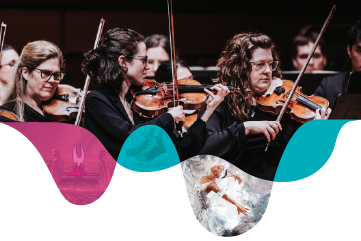 Alt text:  Orchestra musicians playing violins onstage during a performance, with decorative teal, pink, and artistic graphic overlays along the bottom.