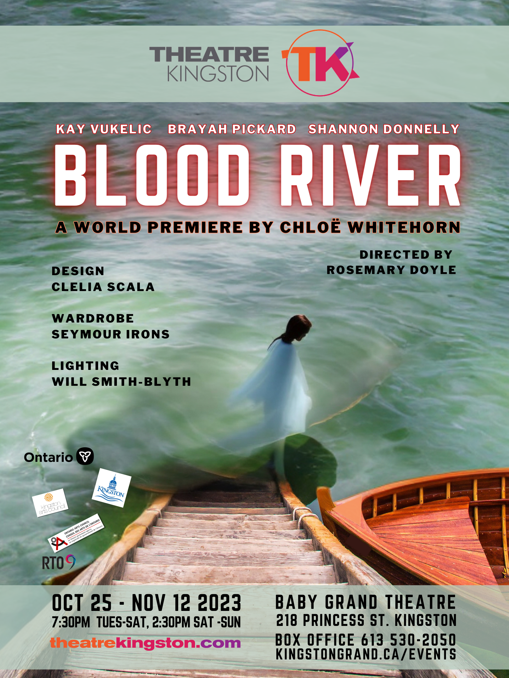 a washed over lady wading into a river as blood swirls around her feet