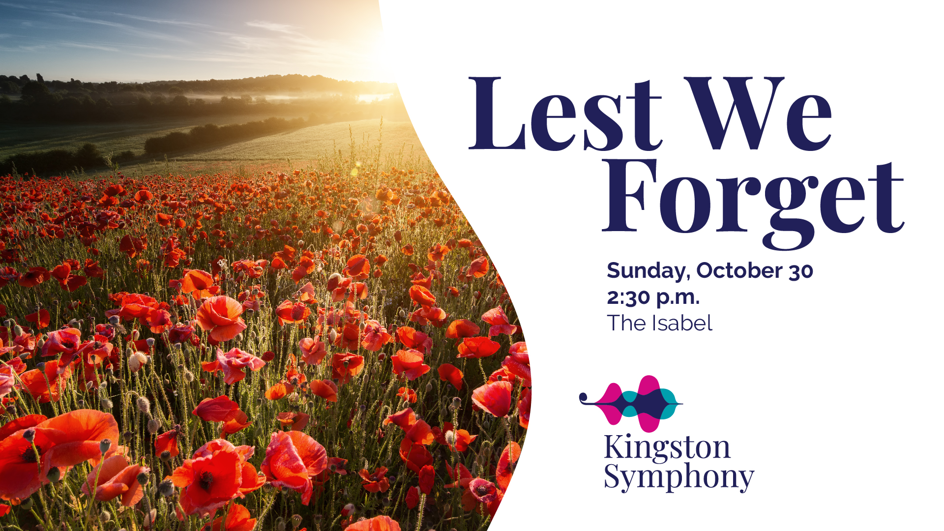 flanders field of poppies on the left side, Lest We Forget in purple text on the right