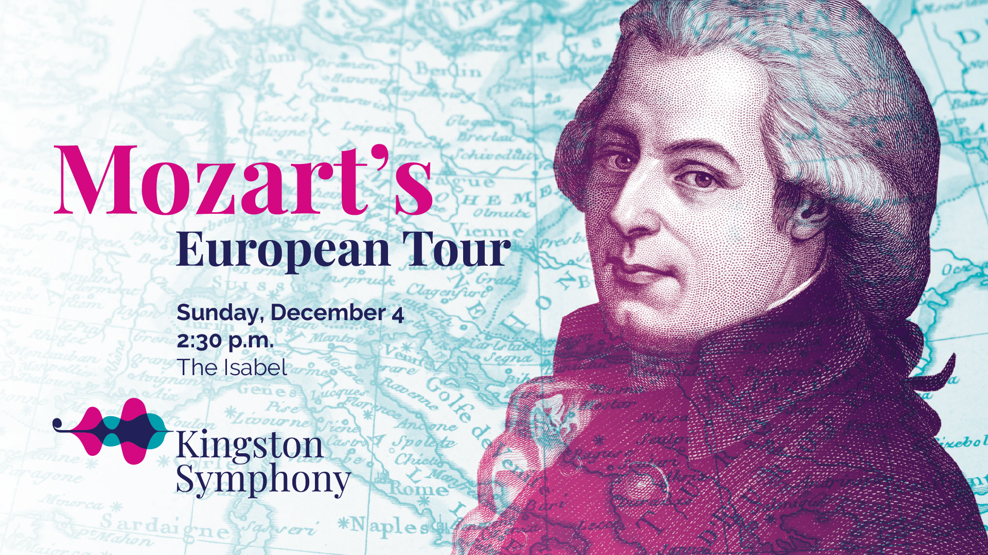 purple wash with a portrait of Mozart on the right