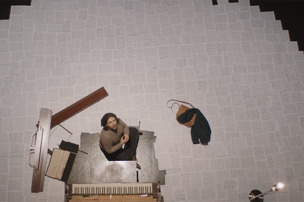actor sitting on the floor in front of a piano, surrounded by sheets of music