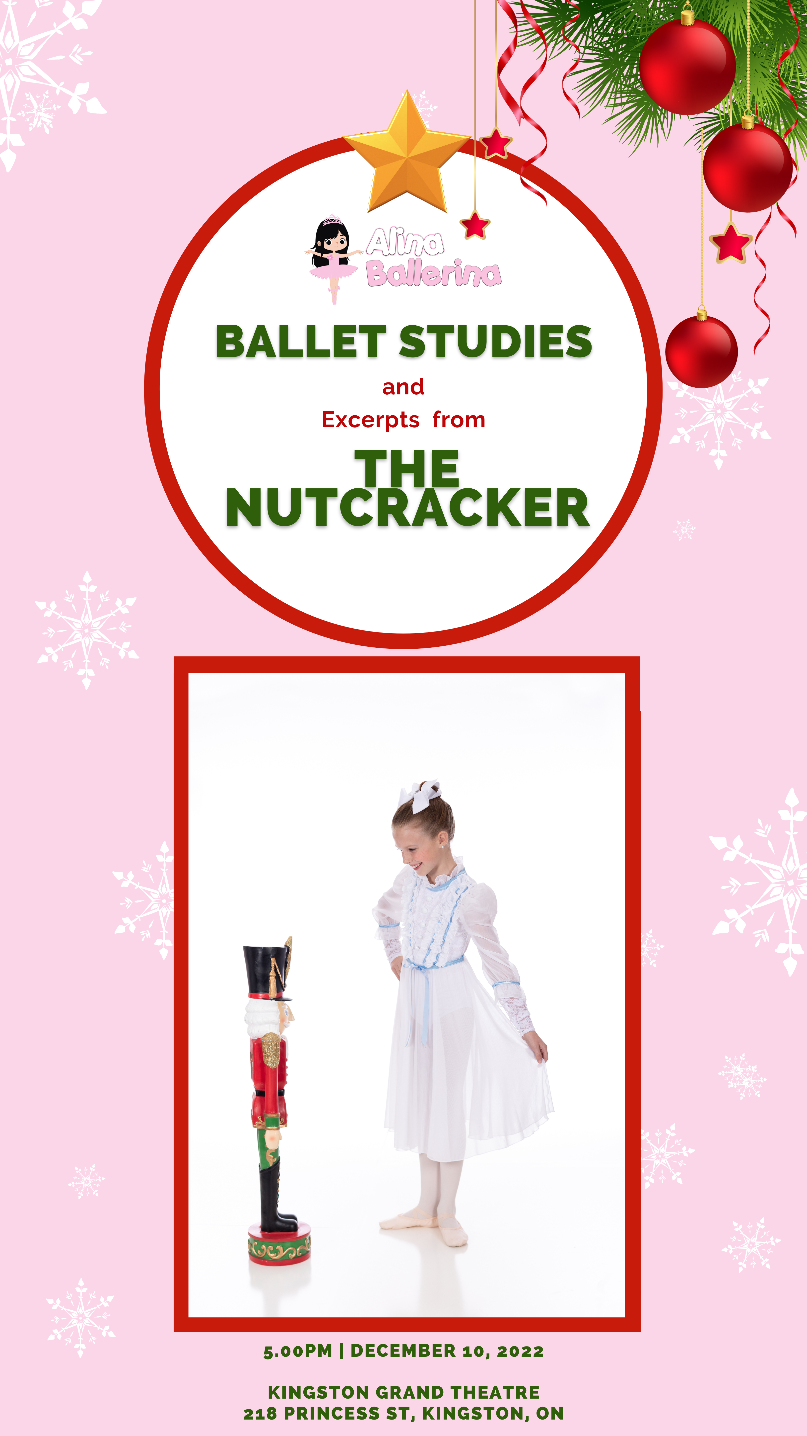 Alina Ballerina - Winter Gala Performance with Ballet Studies and Excerpts from The Nutcracker Pink background with a tiny ballerina looking at a large Nutcrackers