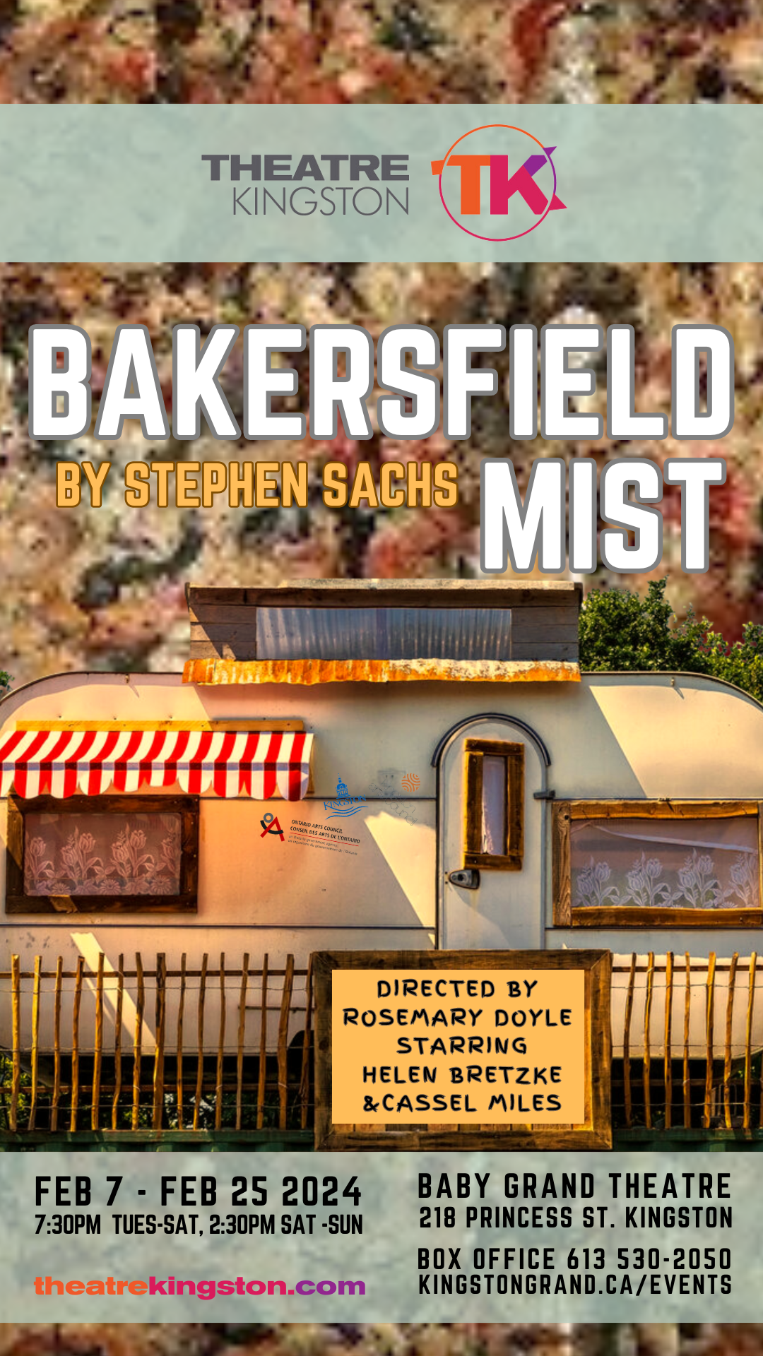 older camper with awning and a Bakersfield painting as the background