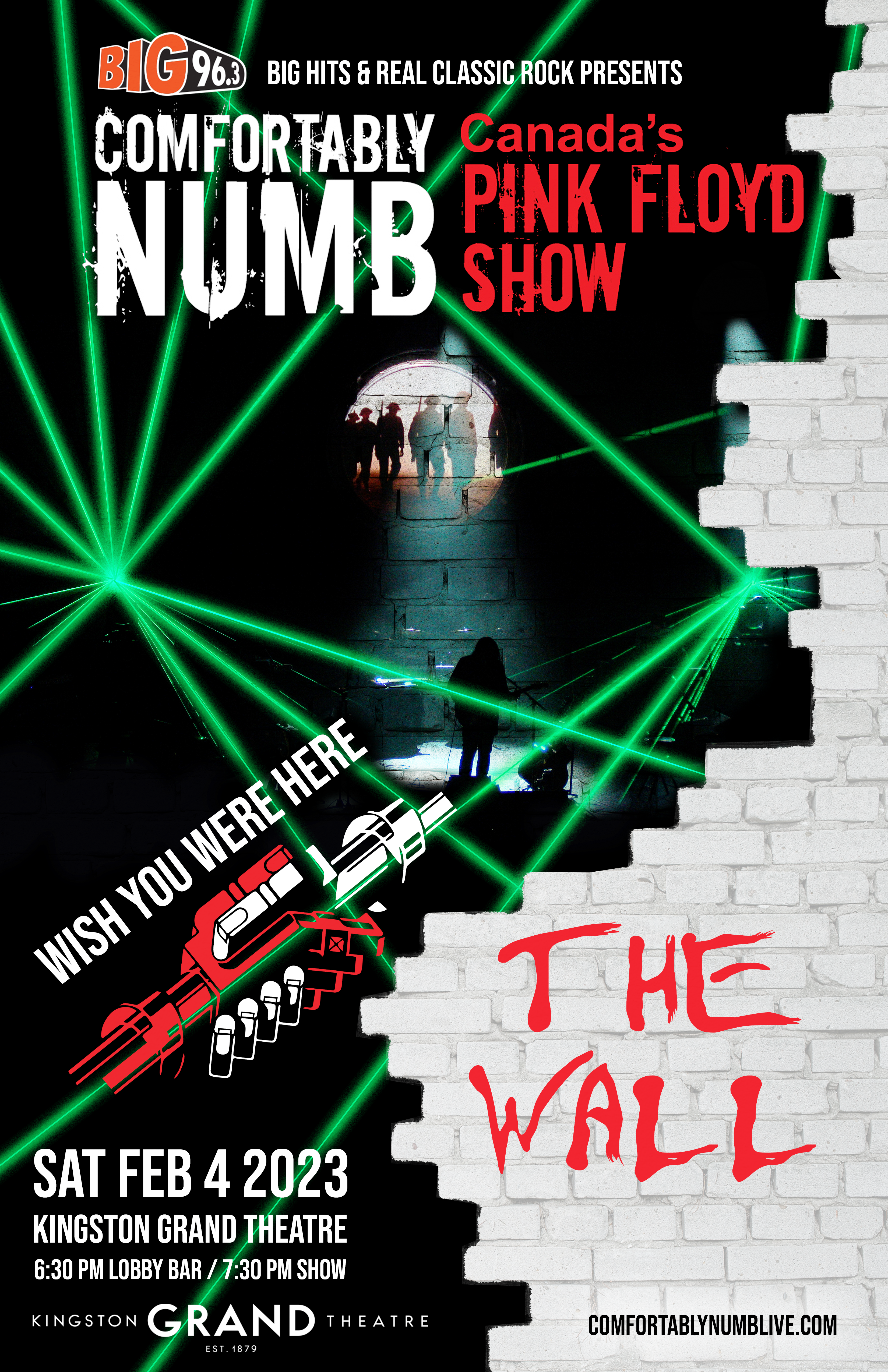 Comfortably Numb - Canada's Pink Floyd Show black background with green lasers and red lettering stating The Wall