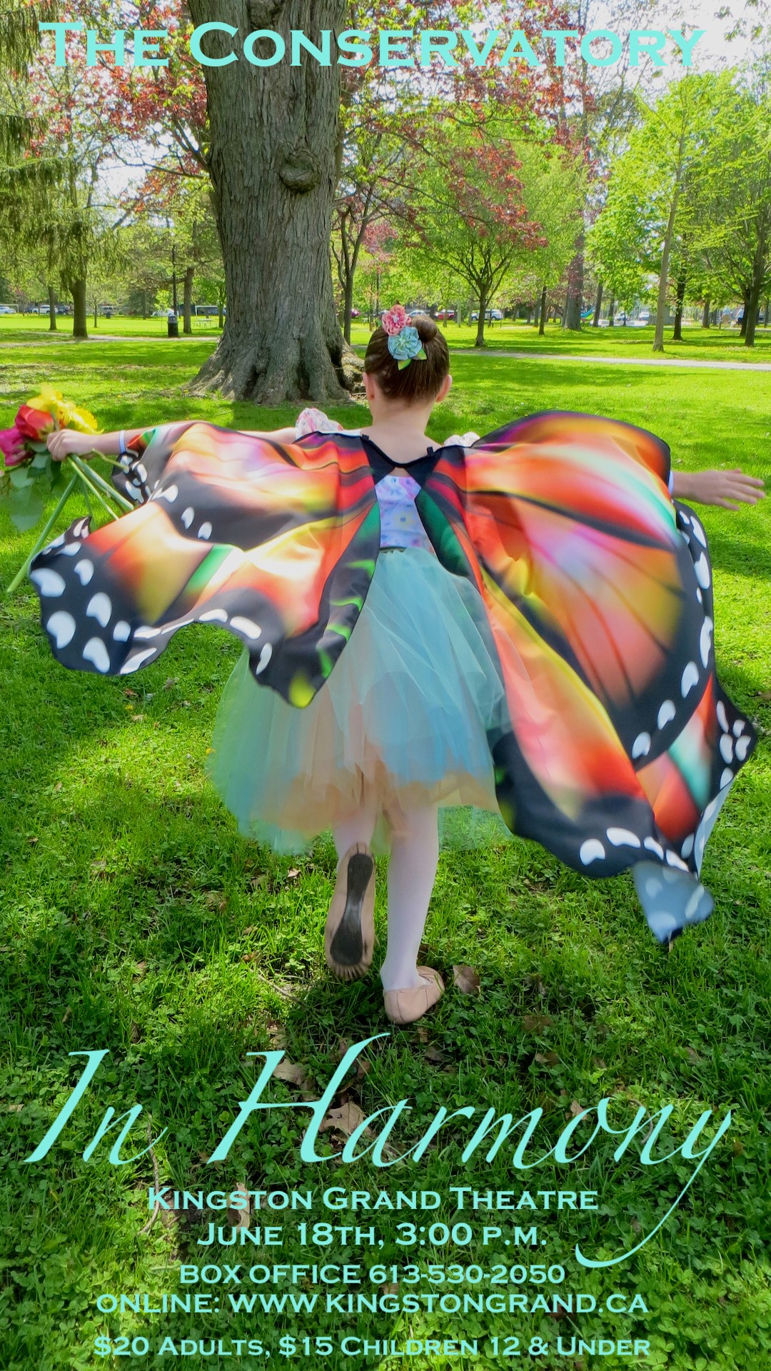 In Harmony child dancer running away towards trees wearing beautiful butterfly wings
