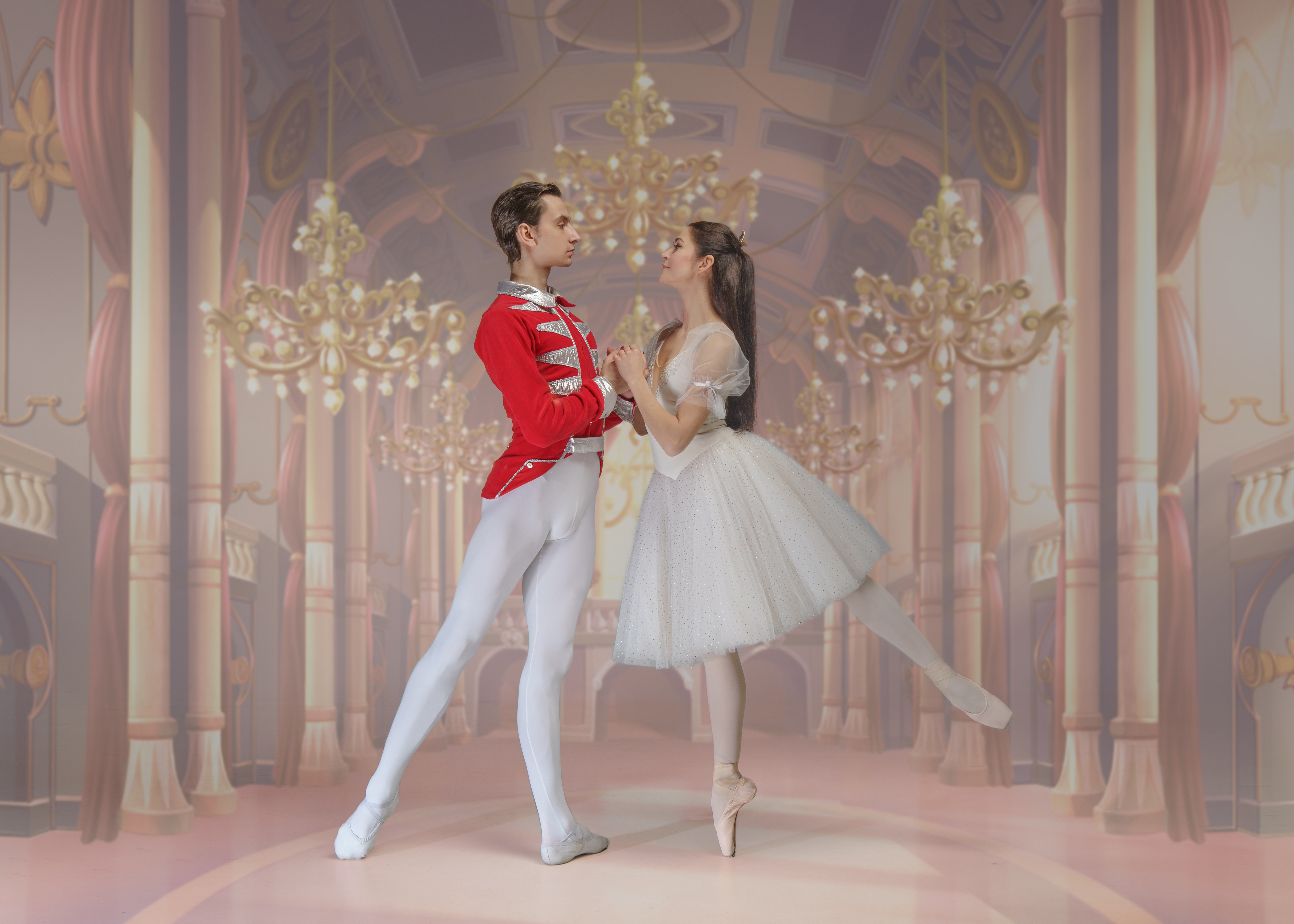 Ballerina and Nutcracker in the ballroom