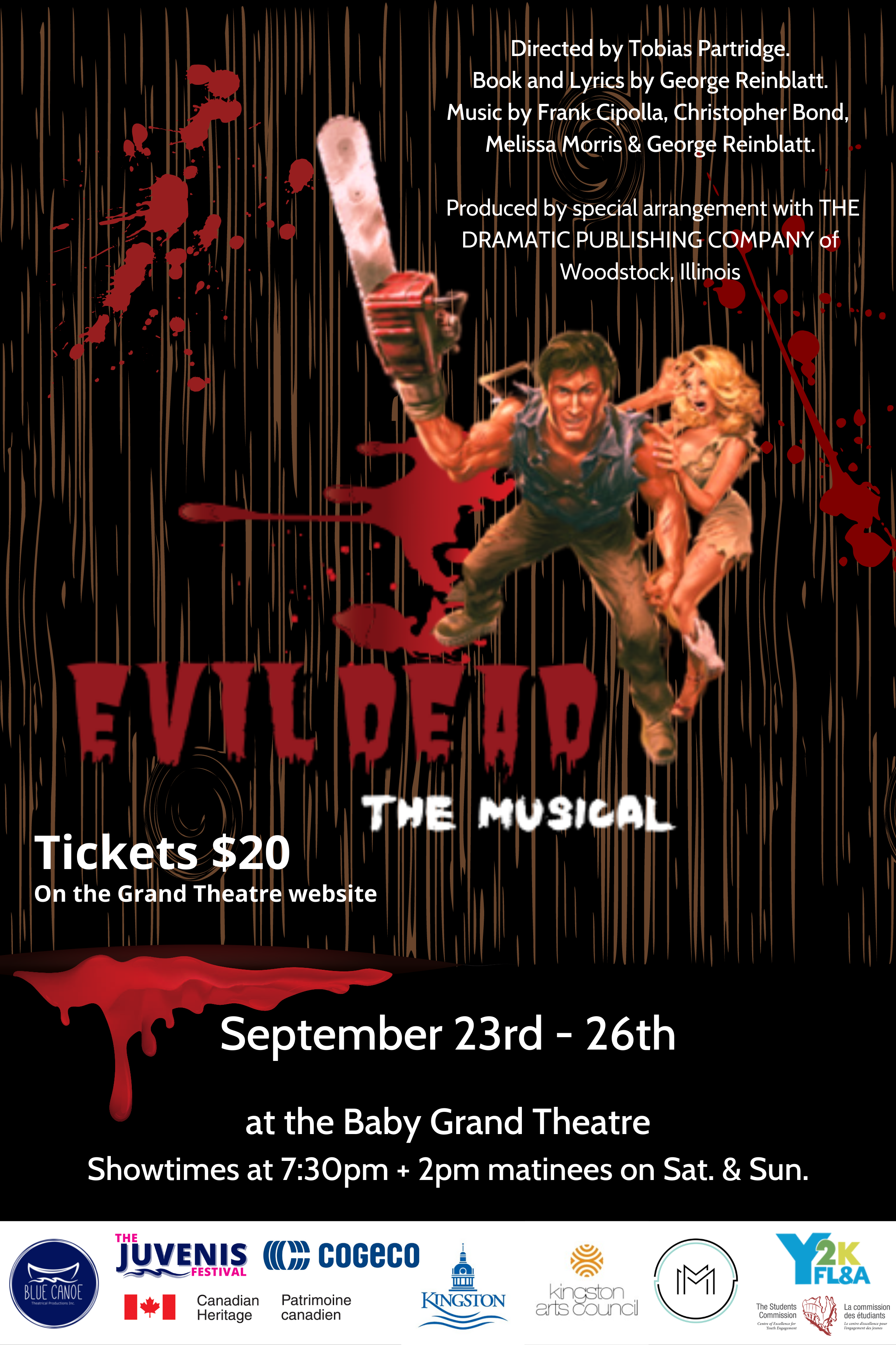 Evil Dead 80's themed thriller poster, man with chainsaw and blonde lady standing behind him