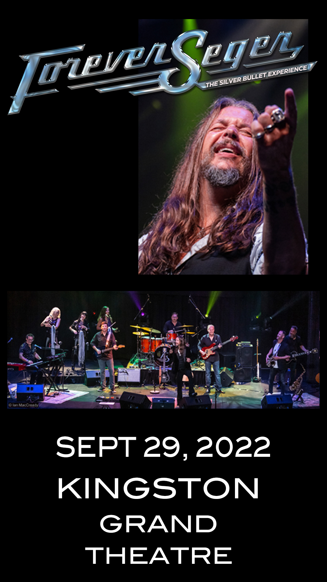 Forever Seger Longhaired male singer pointing to the left with green curtain behind him