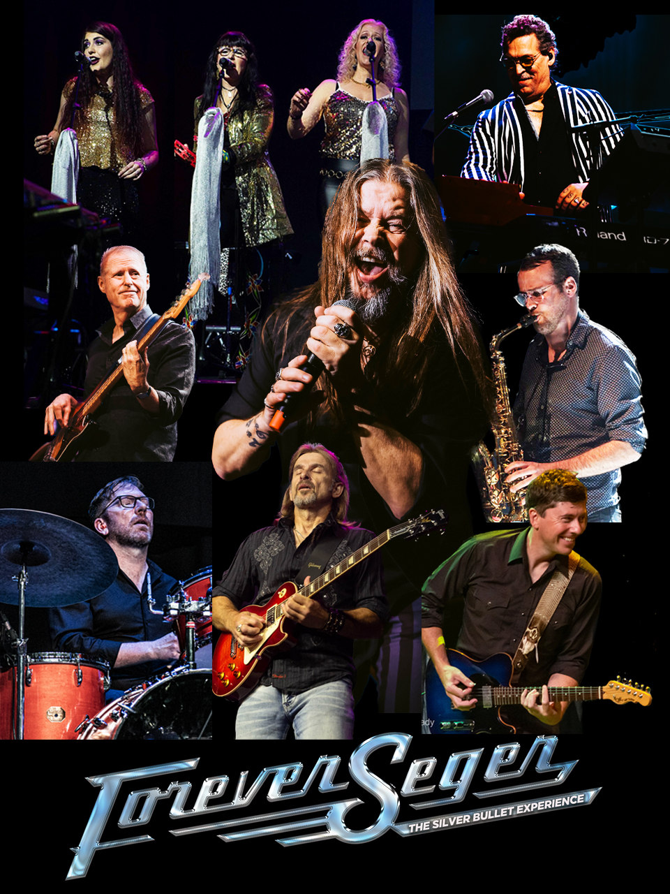 Forever Seger All members of Forever Seger super imposed over a black background with Forever Seger on the bottom