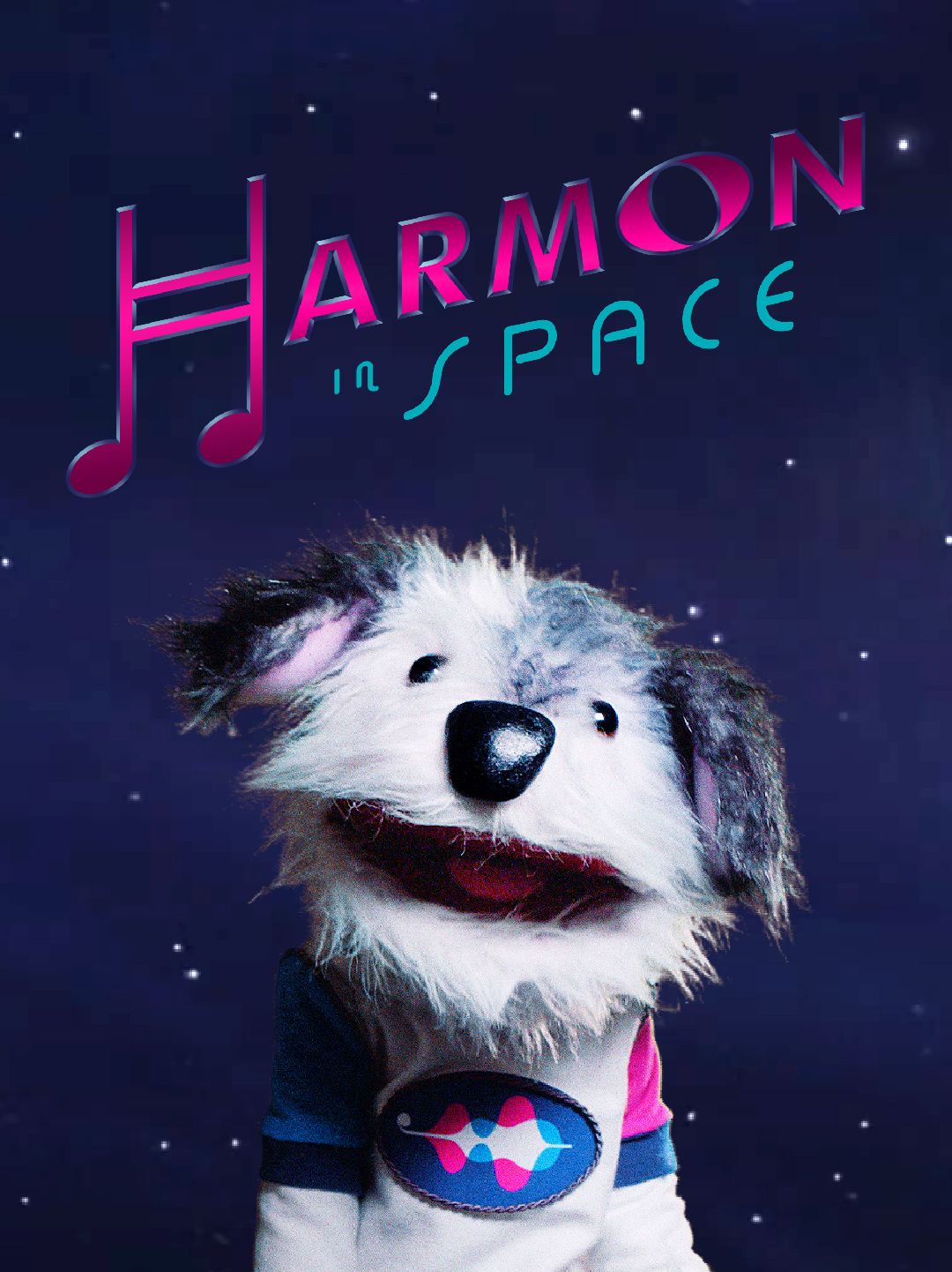 dog puppet in front of a picture of a galaxy