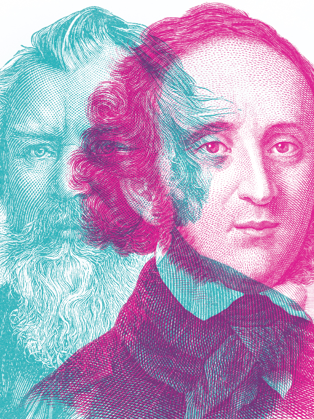Mendelssohn & Brahms in a double exposer in teal and magenta