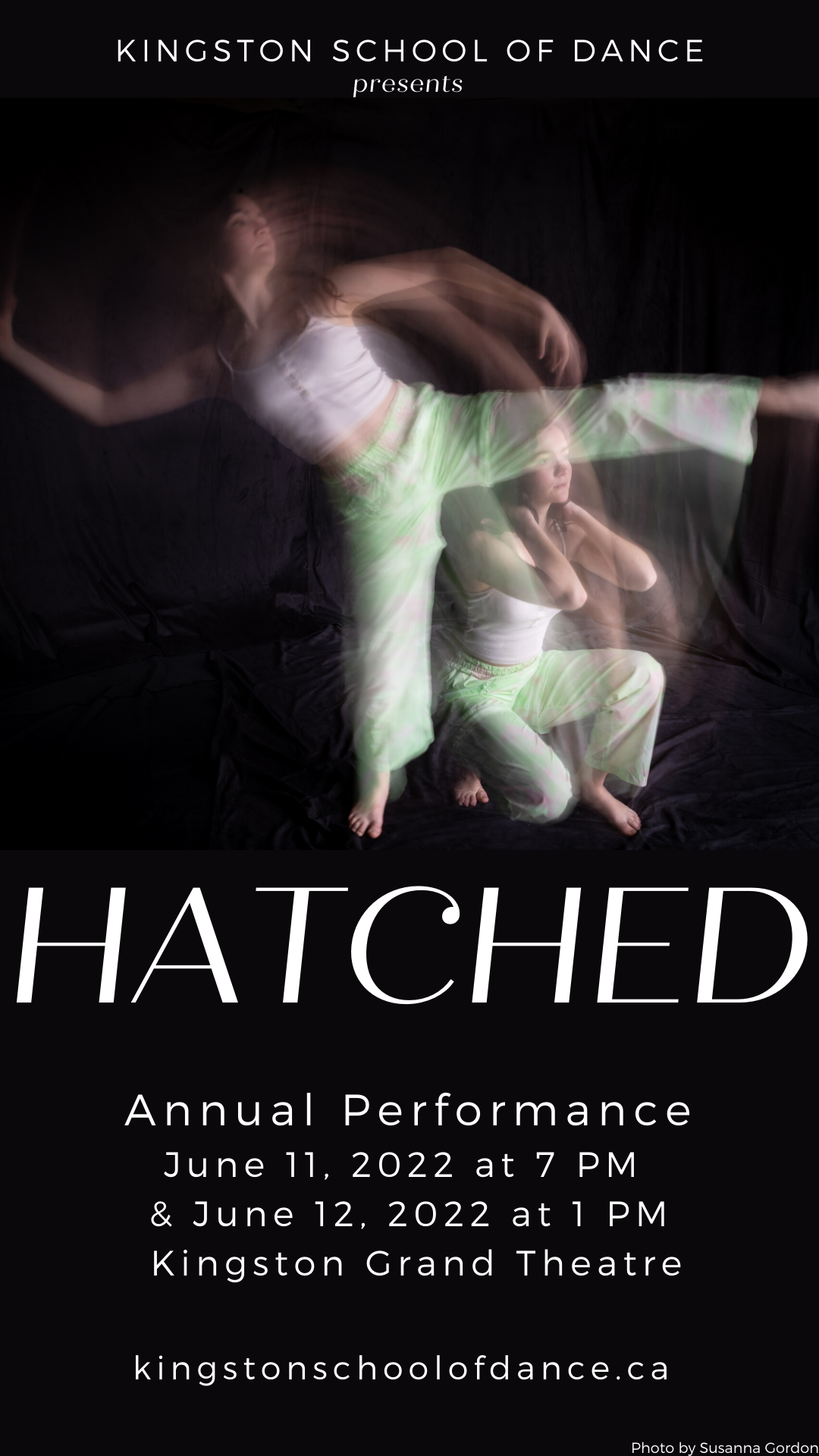 Hatched blurred out dancer in billowing white pants on a black backdrop