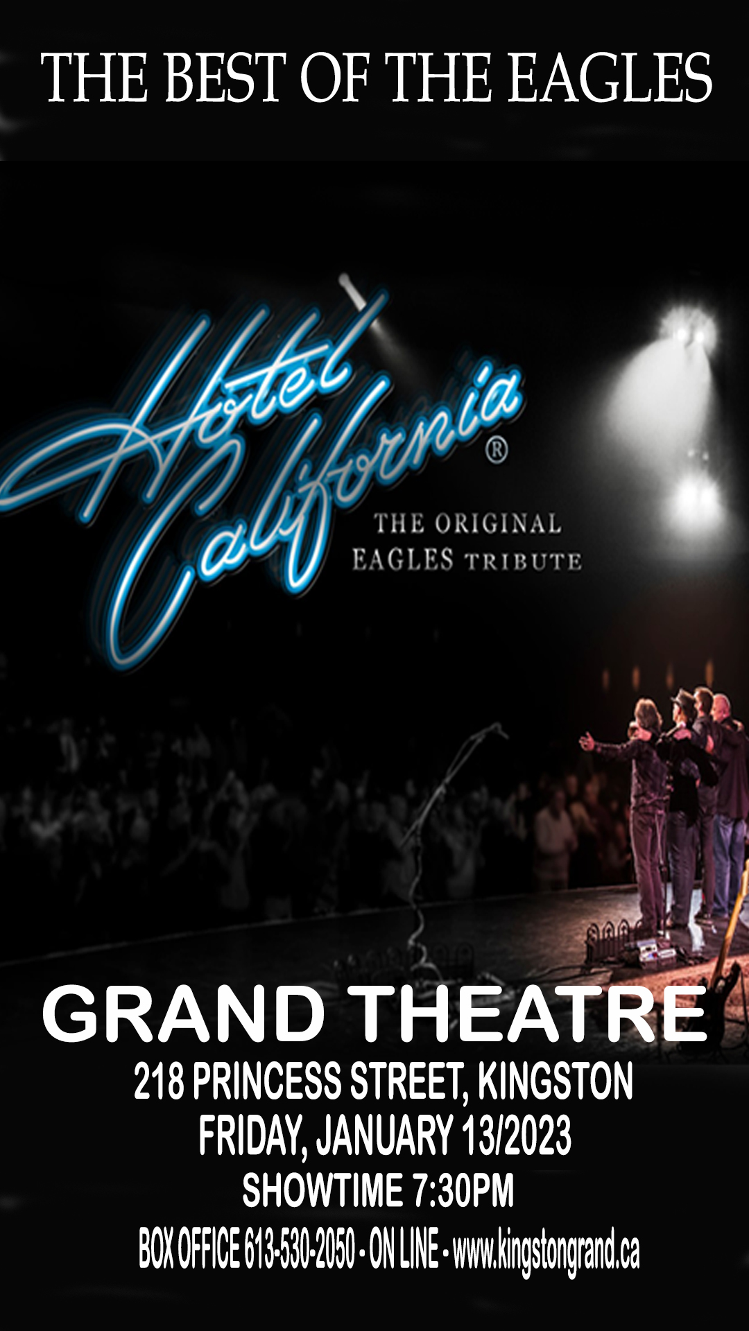 Hotel California The Original Eagles Tribute group on stage with Hotel California written in blue script