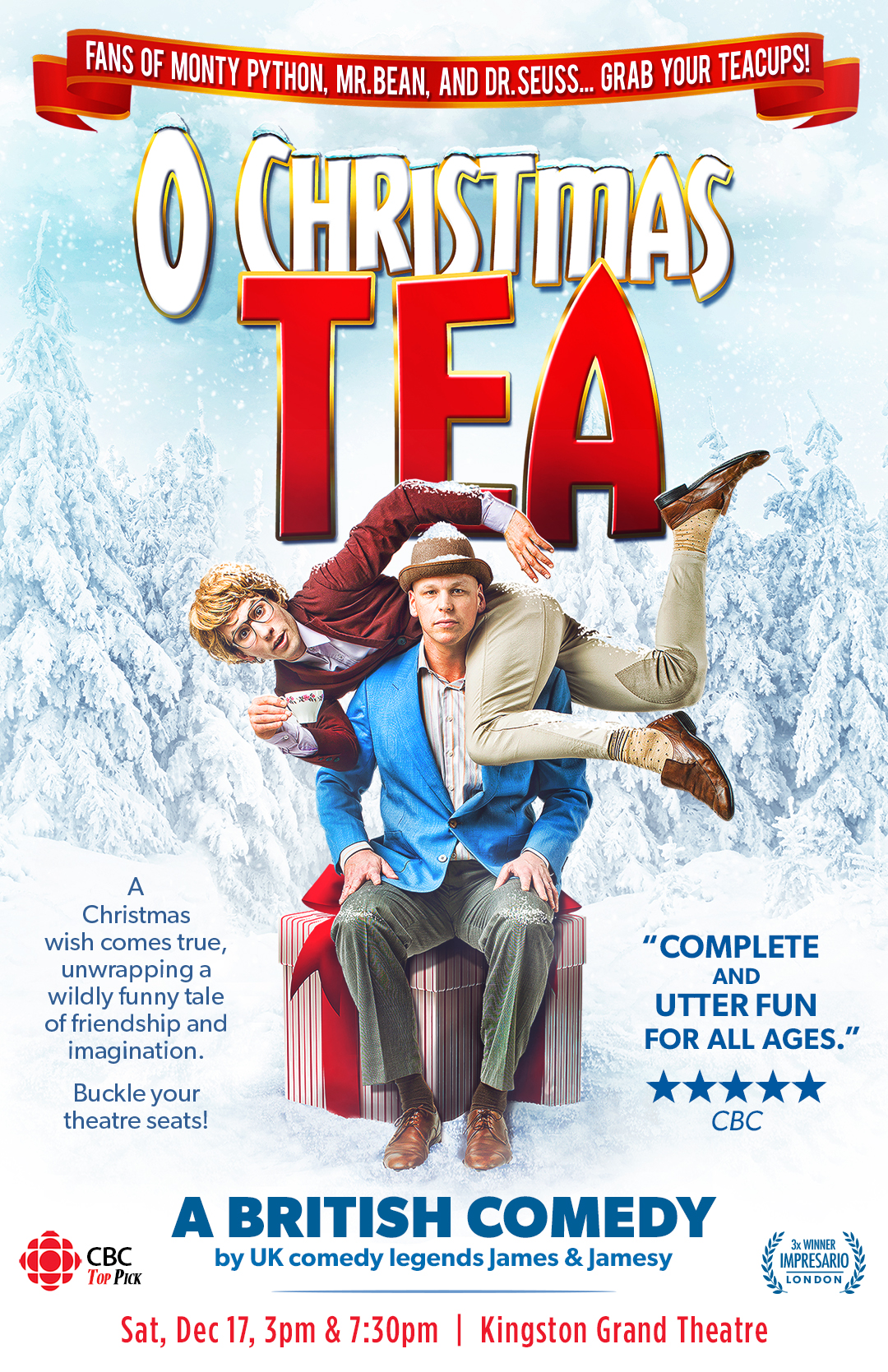 O Christmas Tea: A British Comedy two gentleman, one across the others shoulders holding a tea cup