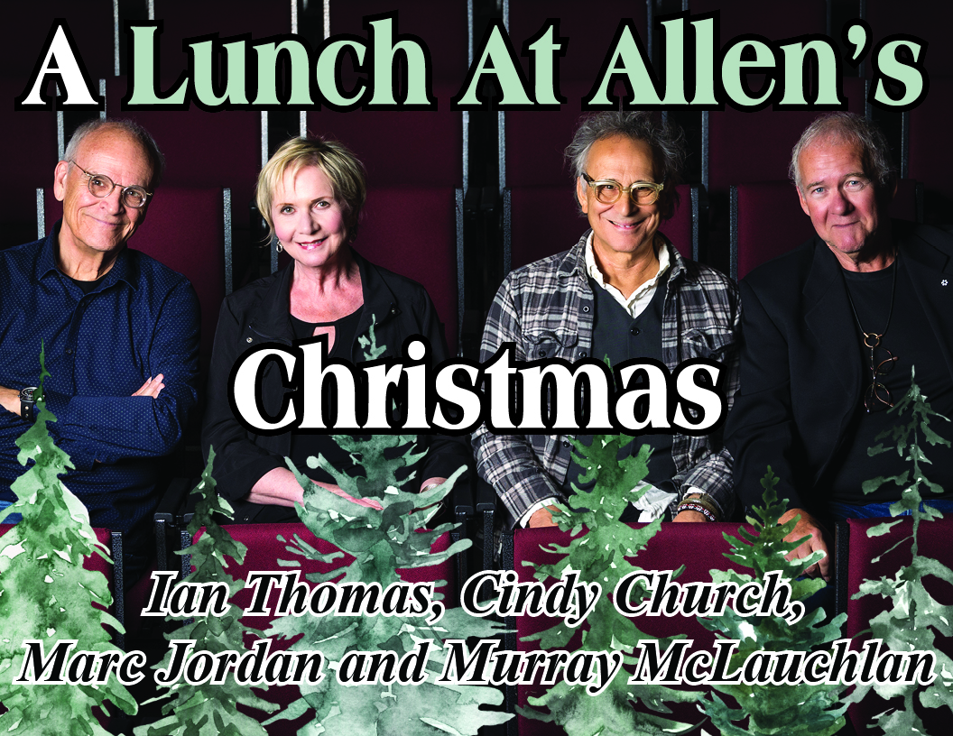 Performers from Lunch At Allen's with a Christmas background