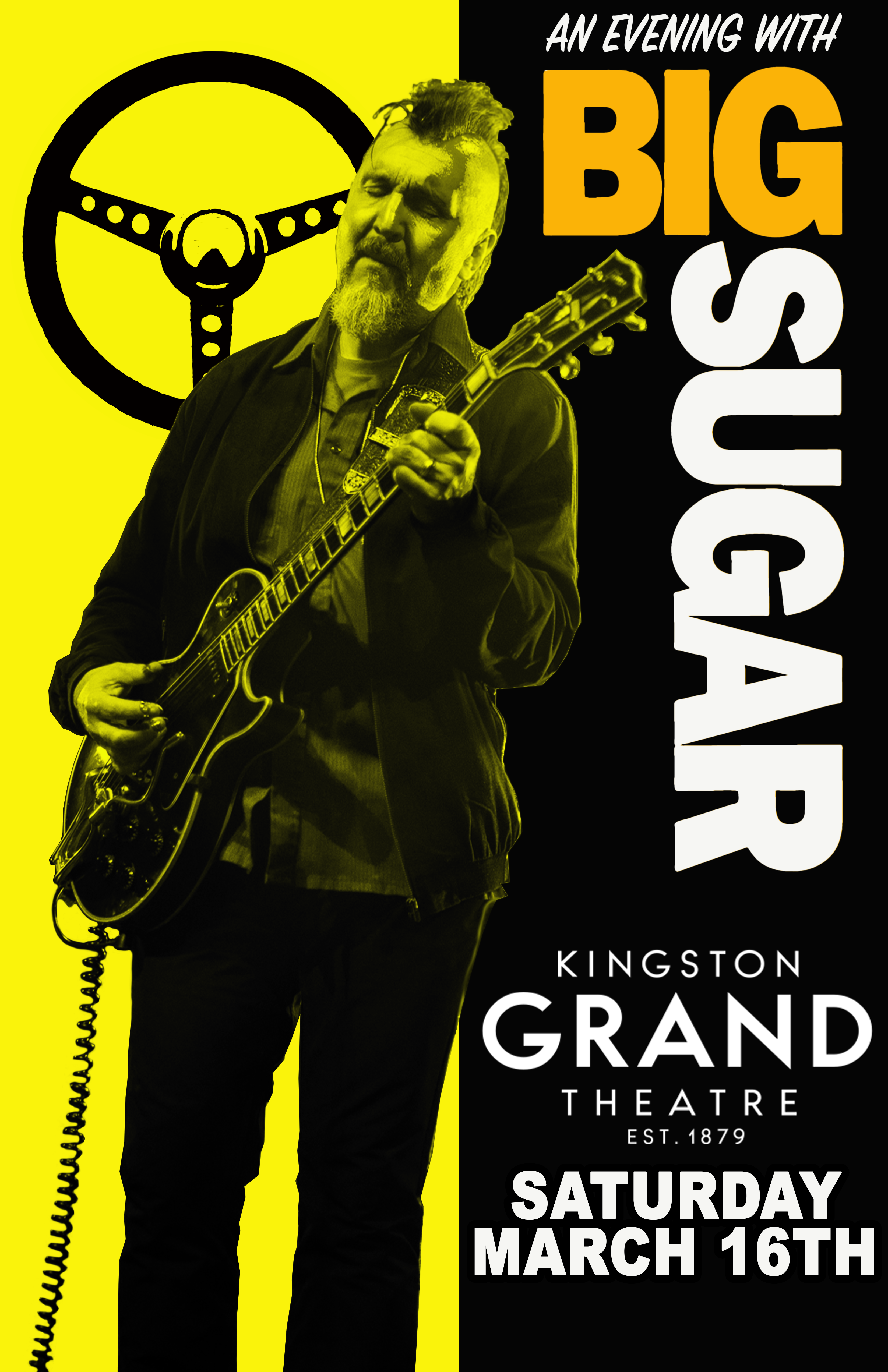 Copy of the Big Sugar poster, bright yello with Big Sugar in capital letters to the right