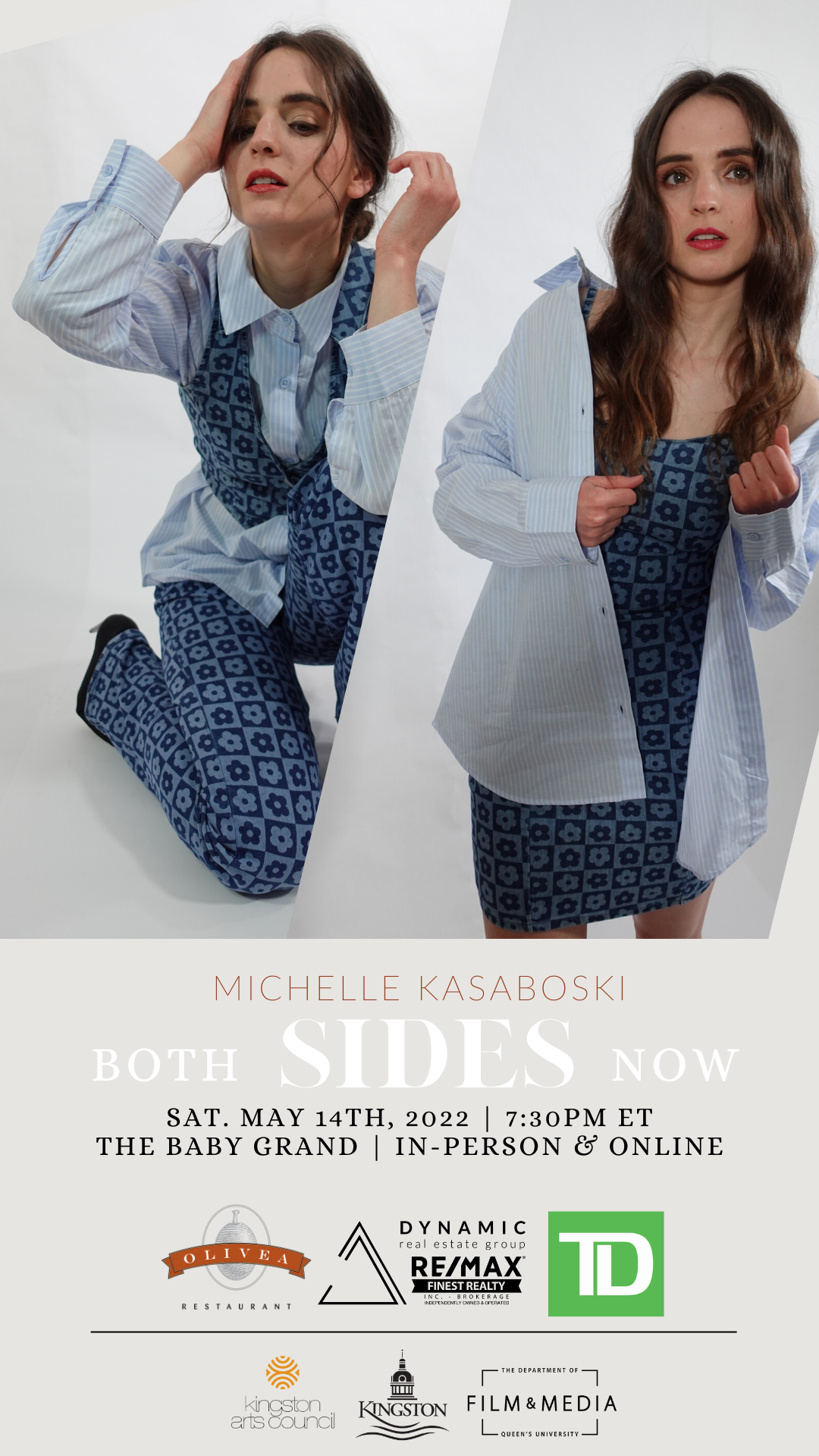 Michelle Kasaboski - Both Sides Now: Live Performance in the Post-Pandemic World sliced in half graphic, Michelle holding her head on one side and her heart in the other