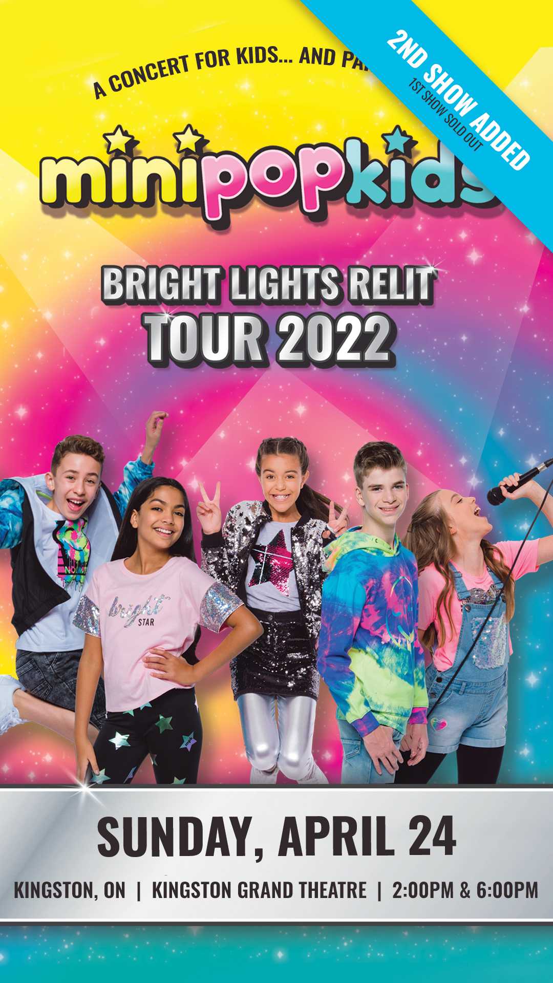 The Mini Pop Kids "Bright Lights Relit Tour" Brightly coloured background with the performers of the group posed in the front.