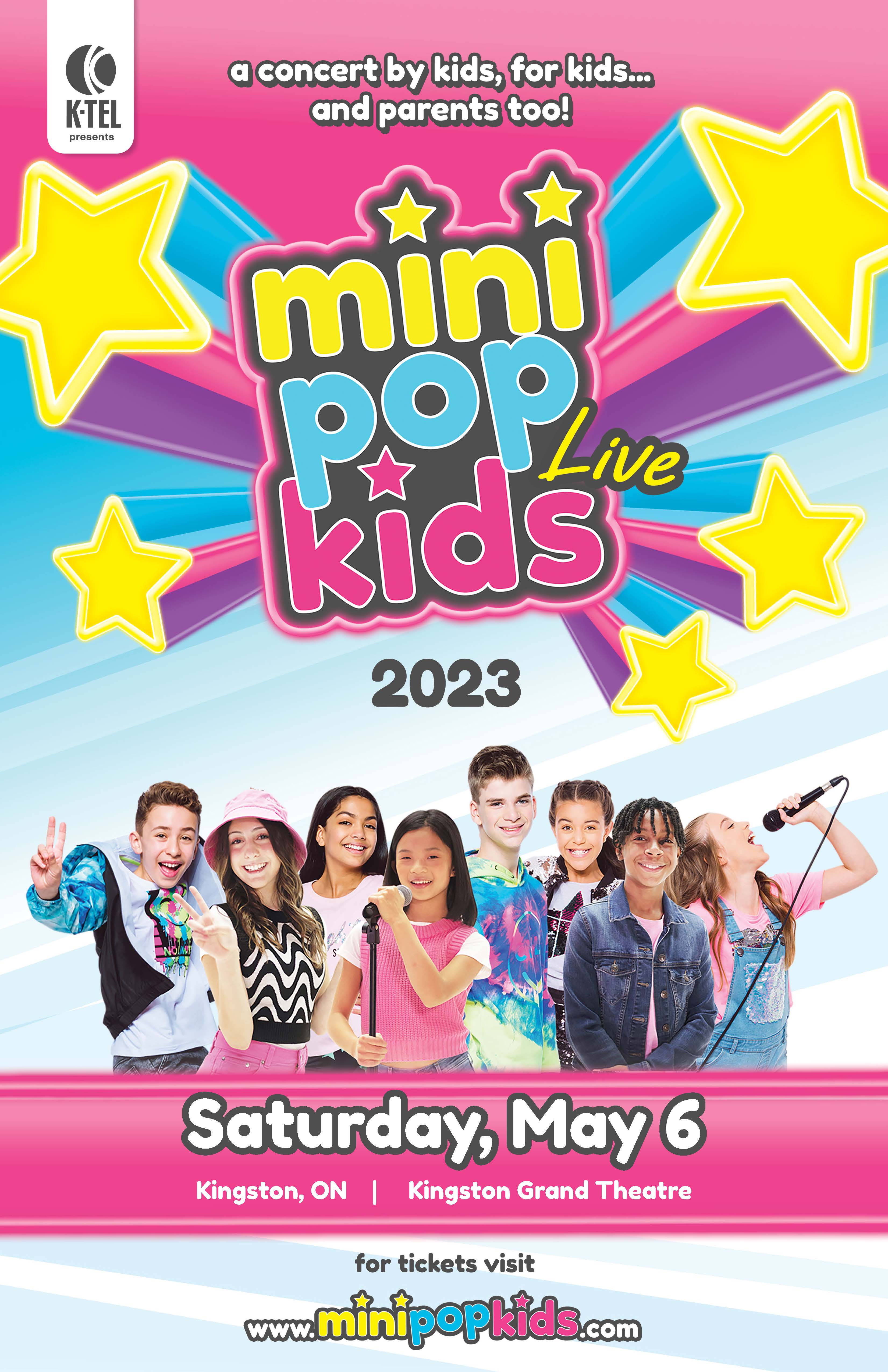 Mini Pop Kids Shooting stars with mini pop kids live written in multiple colours with a group shot of the performers