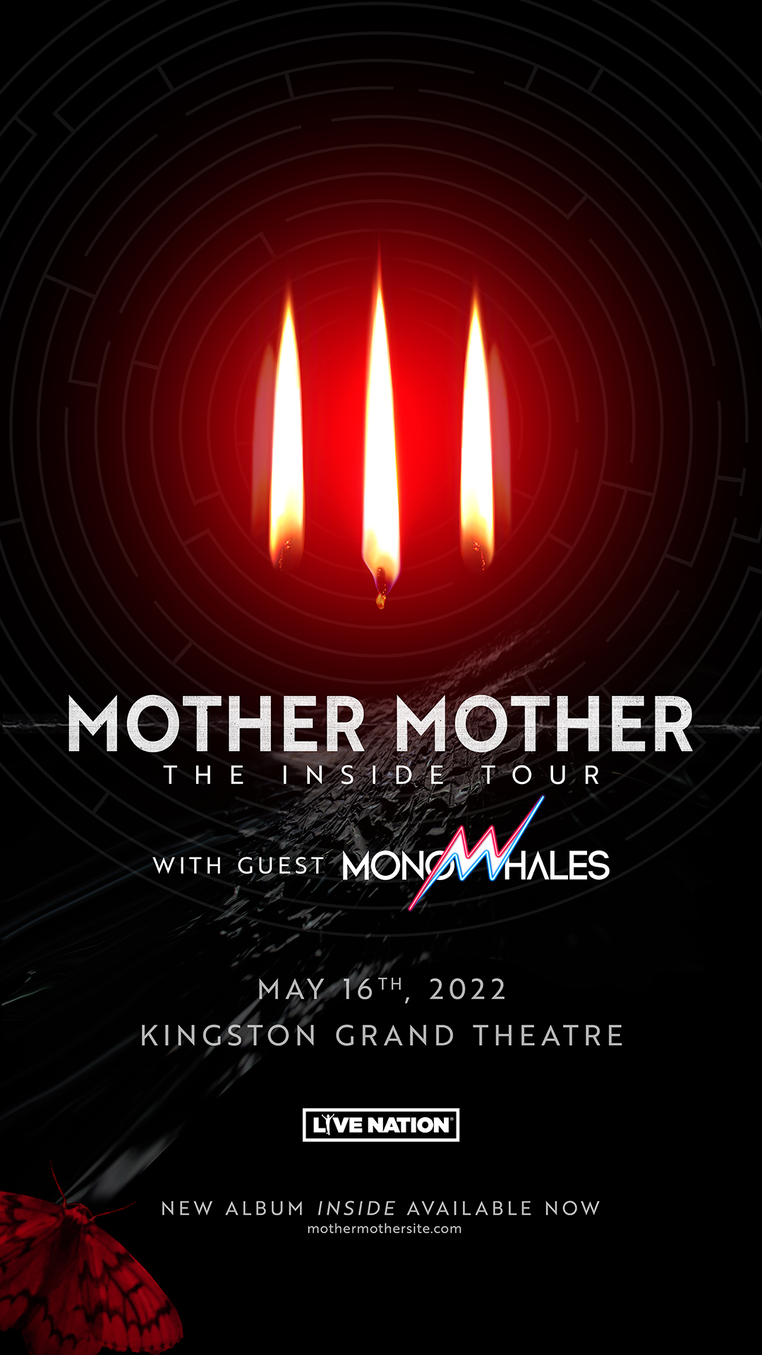 Mother Mother - The INSIDE Tour three candles glowing on a black background with Mother Mother in white text