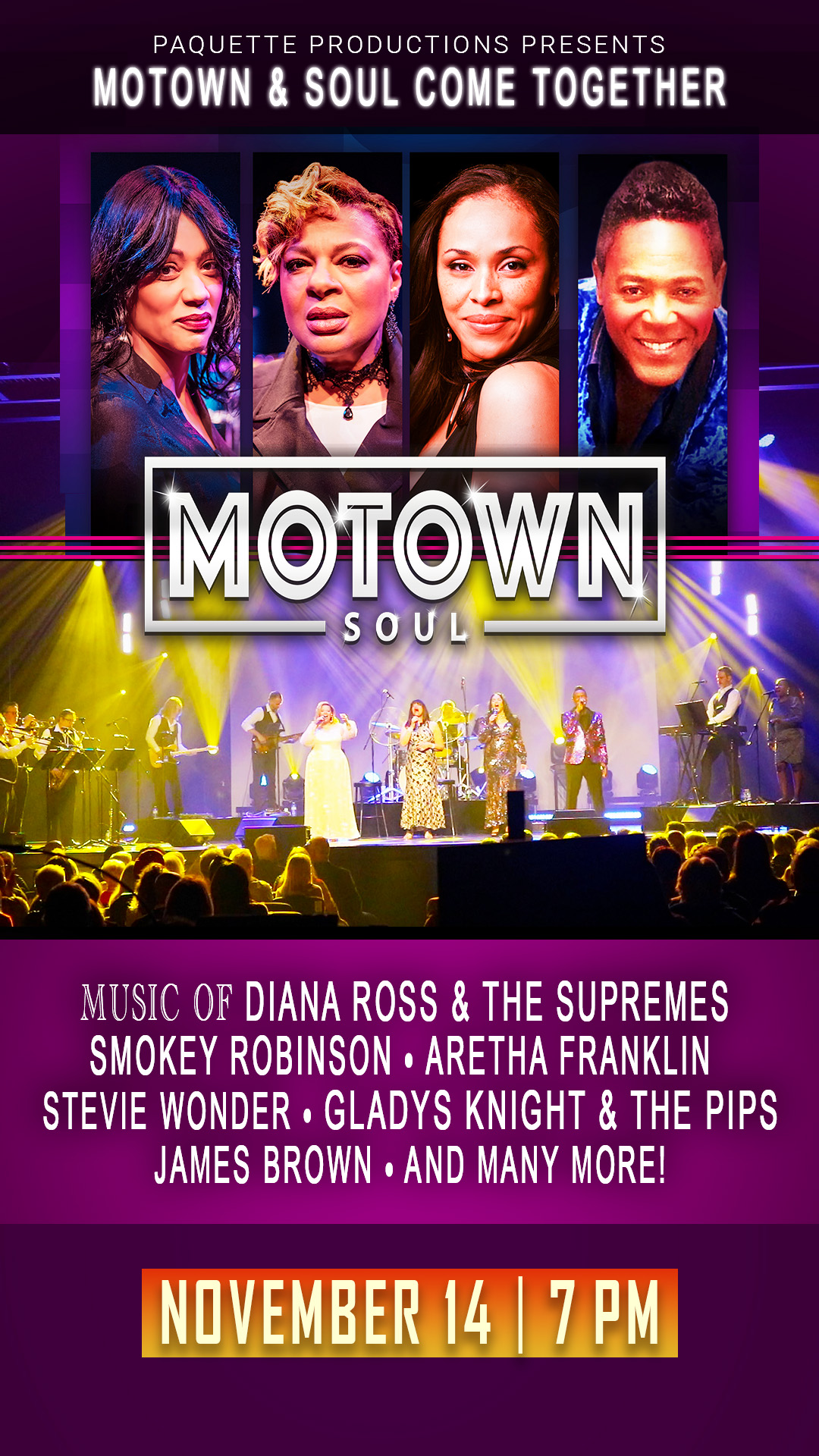Motown Soul performers inset on black background