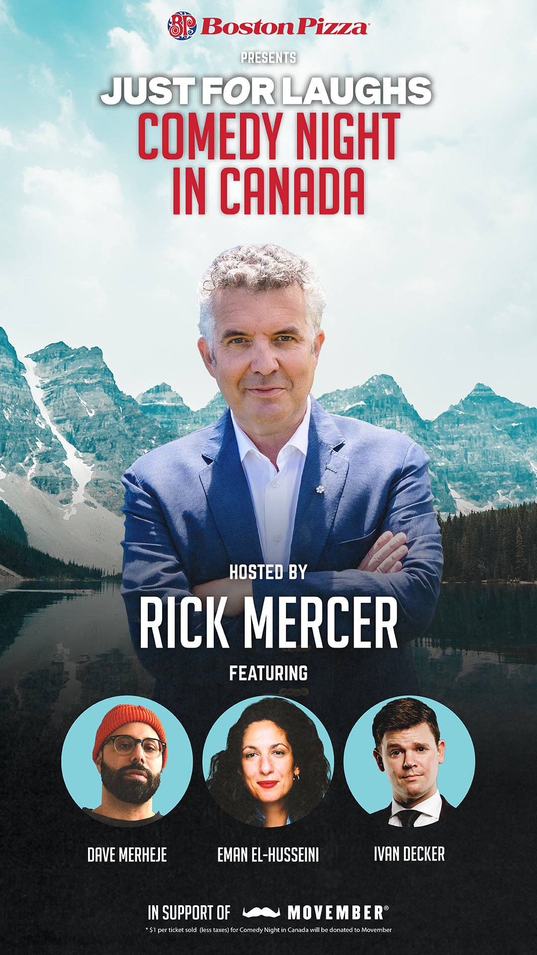 Boston Pizza Presents Just For Laughs Comedy Night in Canada hosted by Rick Mercer Poster with mountains in the background and Rick Mercer with arms crossed at the top