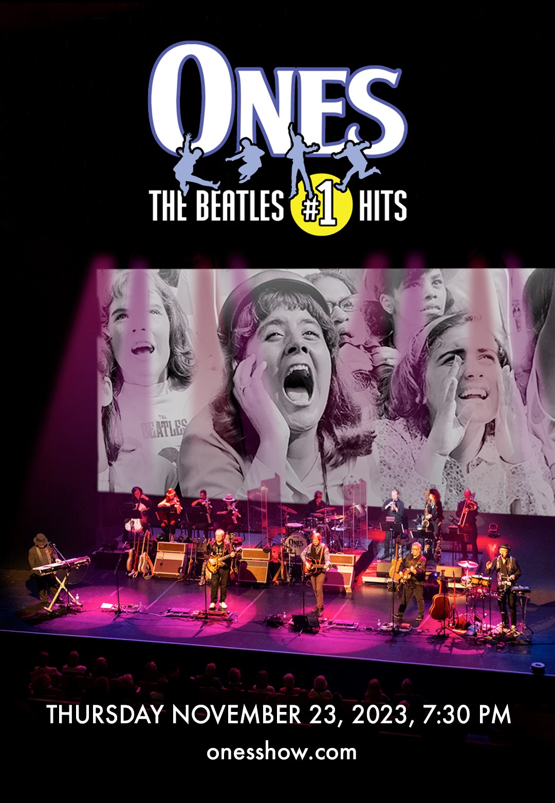 ONES - The Beatles #1 Hits a screaming fan with her hands on the side of her face is projected on a screen behind the performs on stage.