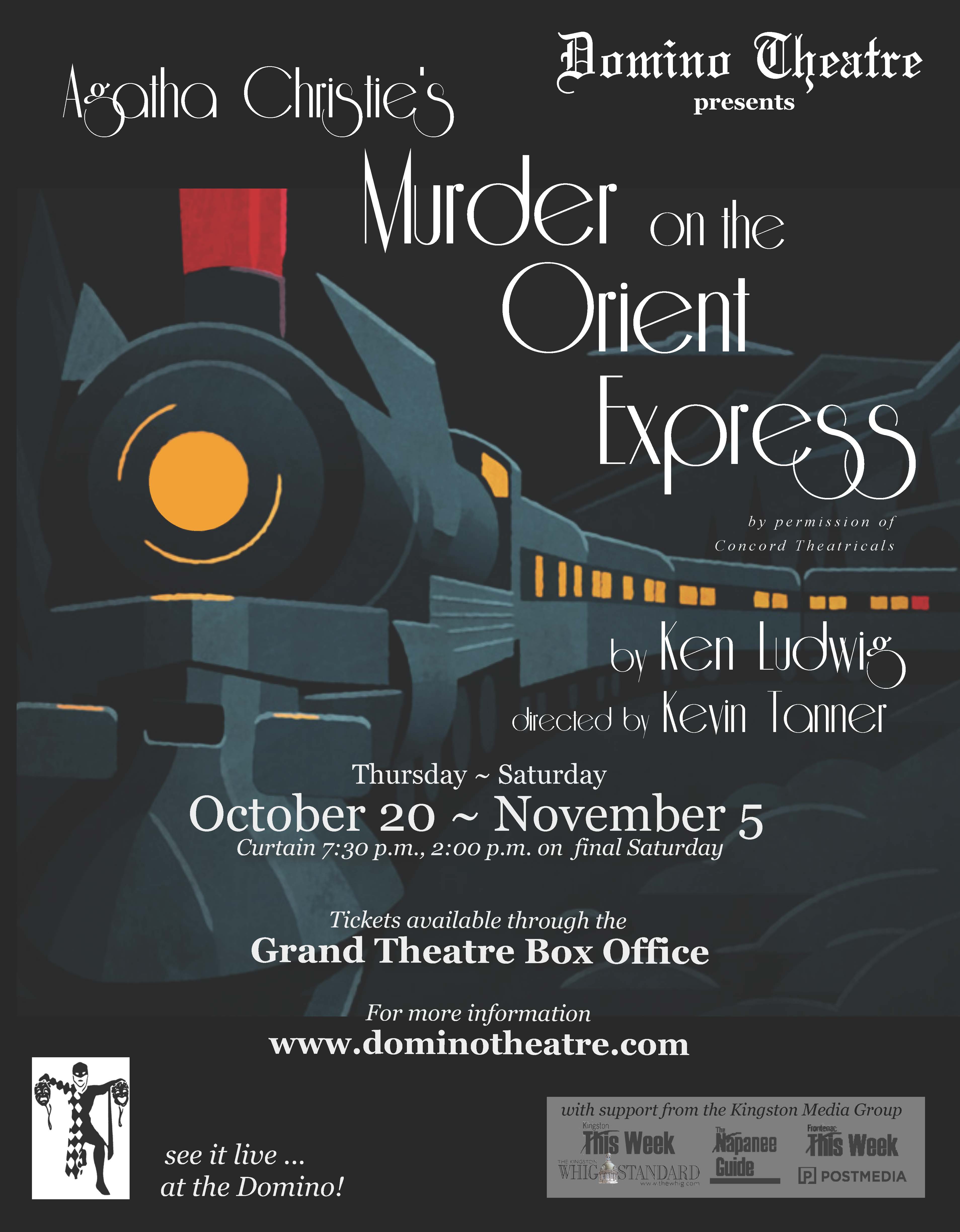 Murder on the Orient Express cartoon train with yellow light on a black background