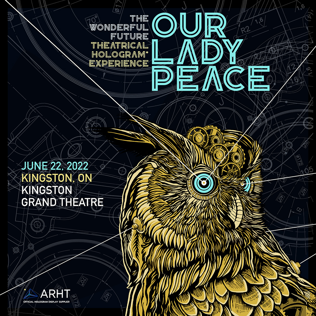 Our Lady Peace - The Wonderful Future Theatrical Hologram Experience Black background with golden owl with laser shooting out from its eyes