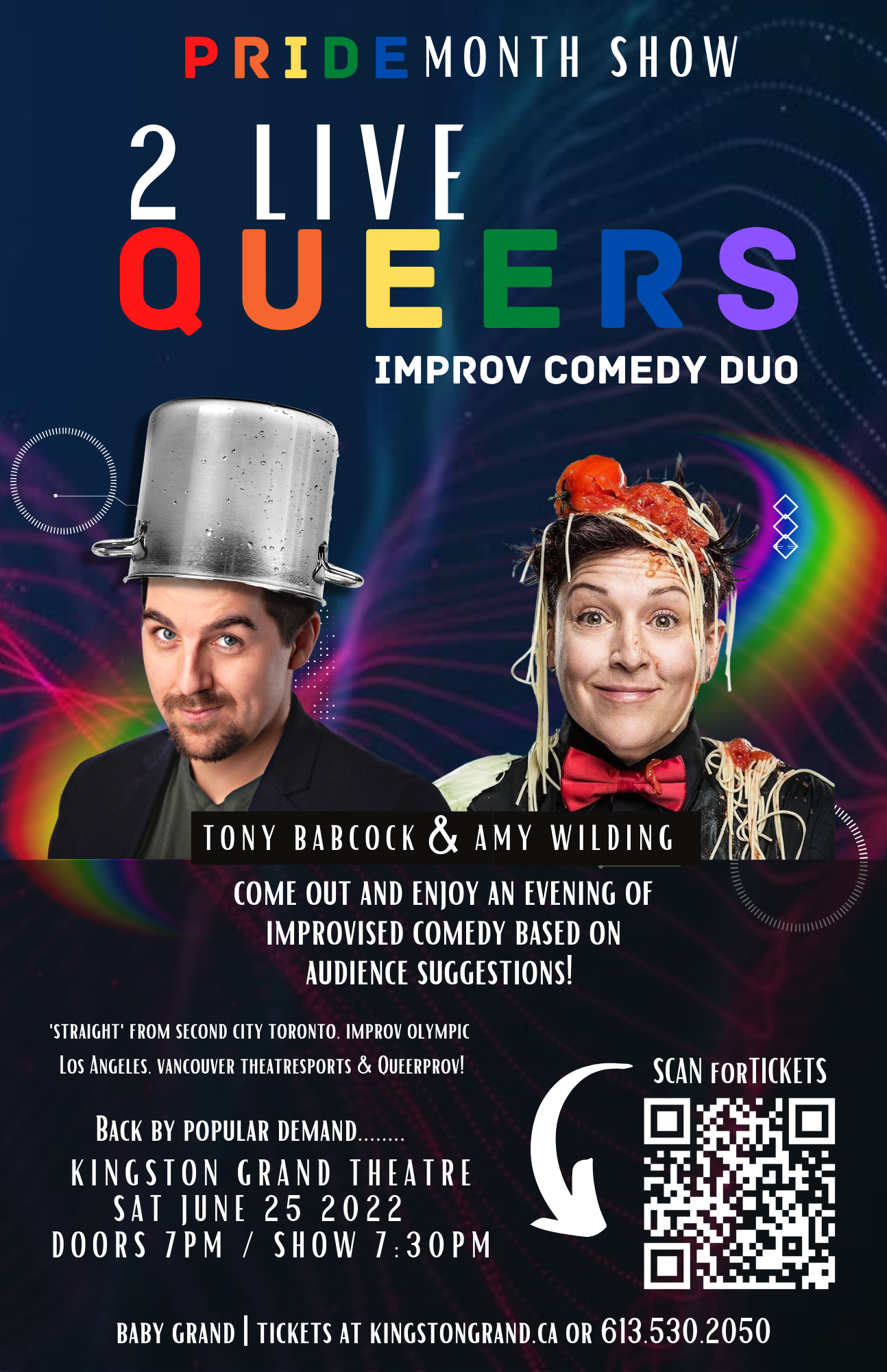 2 Live Queers - Pride Month Show Tony and Amy with pasta and a pot on their heads