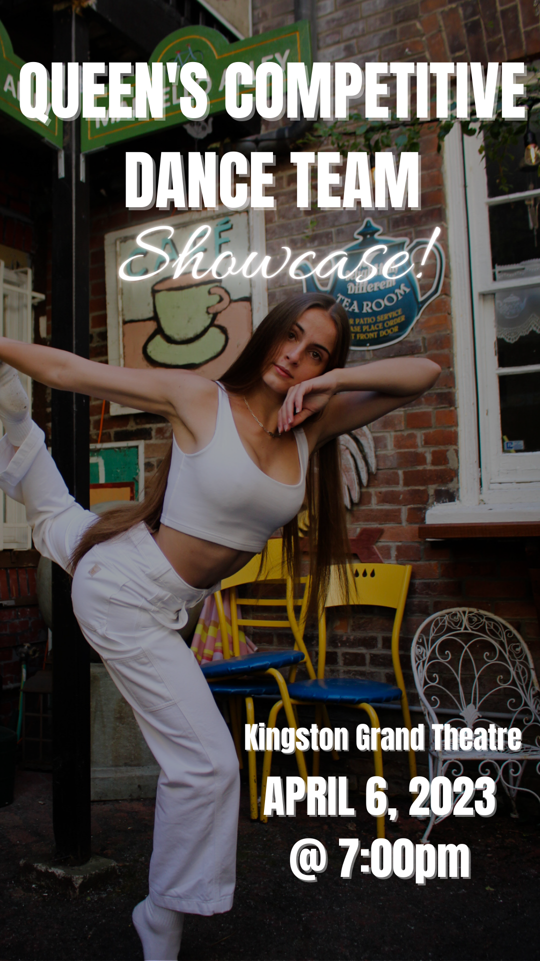 Queen's Competitive Dance Team End of Year Showcase dancer dressed in white, resting her head on her forearm