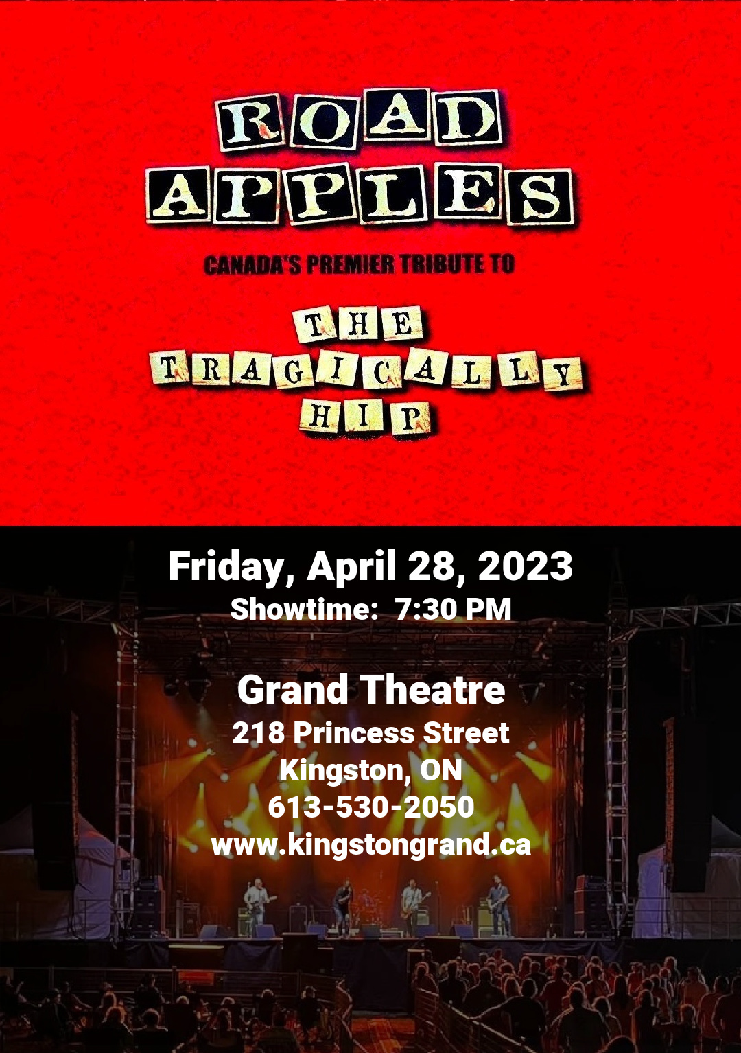 Road Apples - A Tribute to the music of The Tragically Hip Road apples name in block letters on a red background
