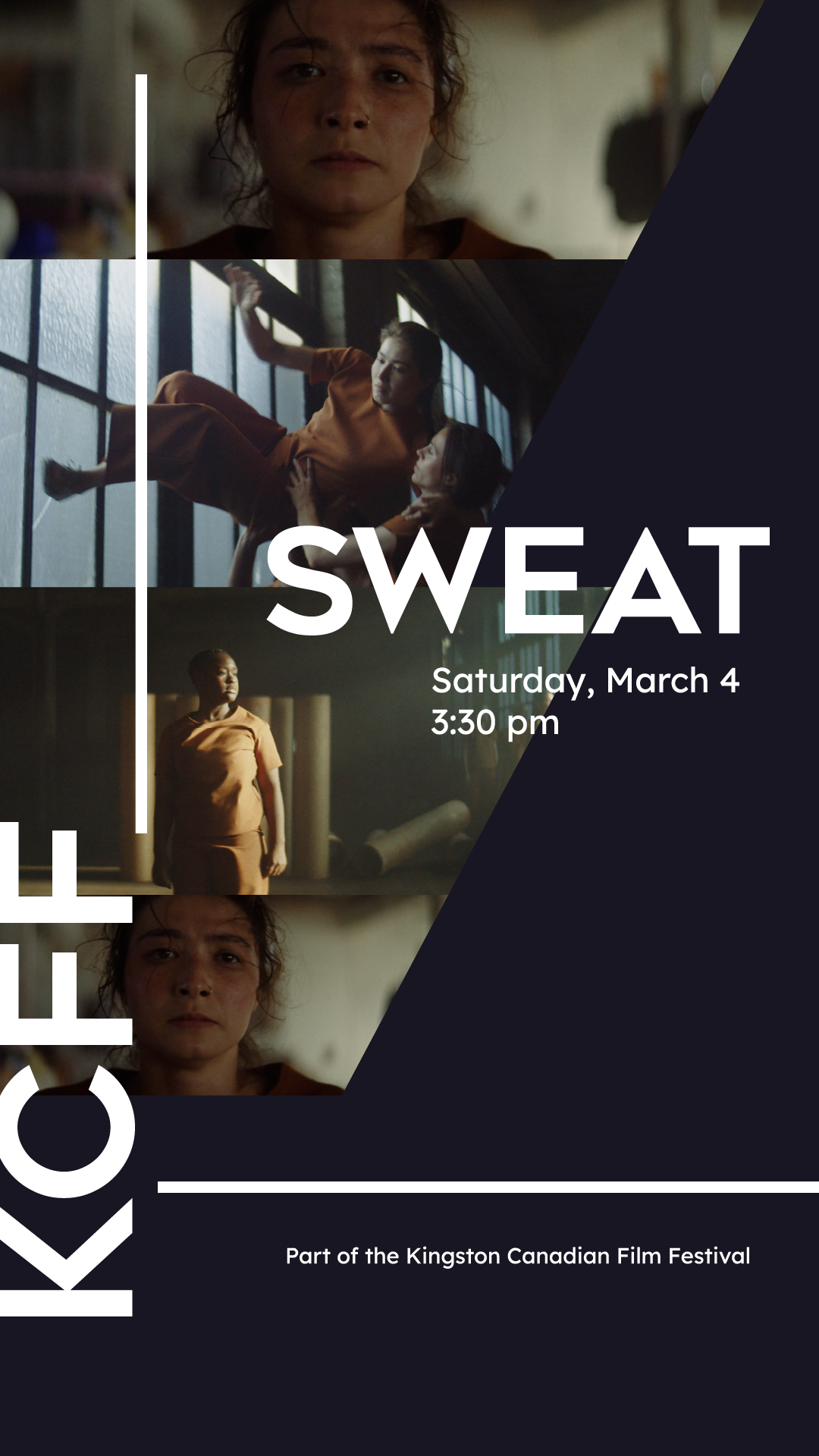 SWEAT snap shots of the film, with KCFF in white up the side