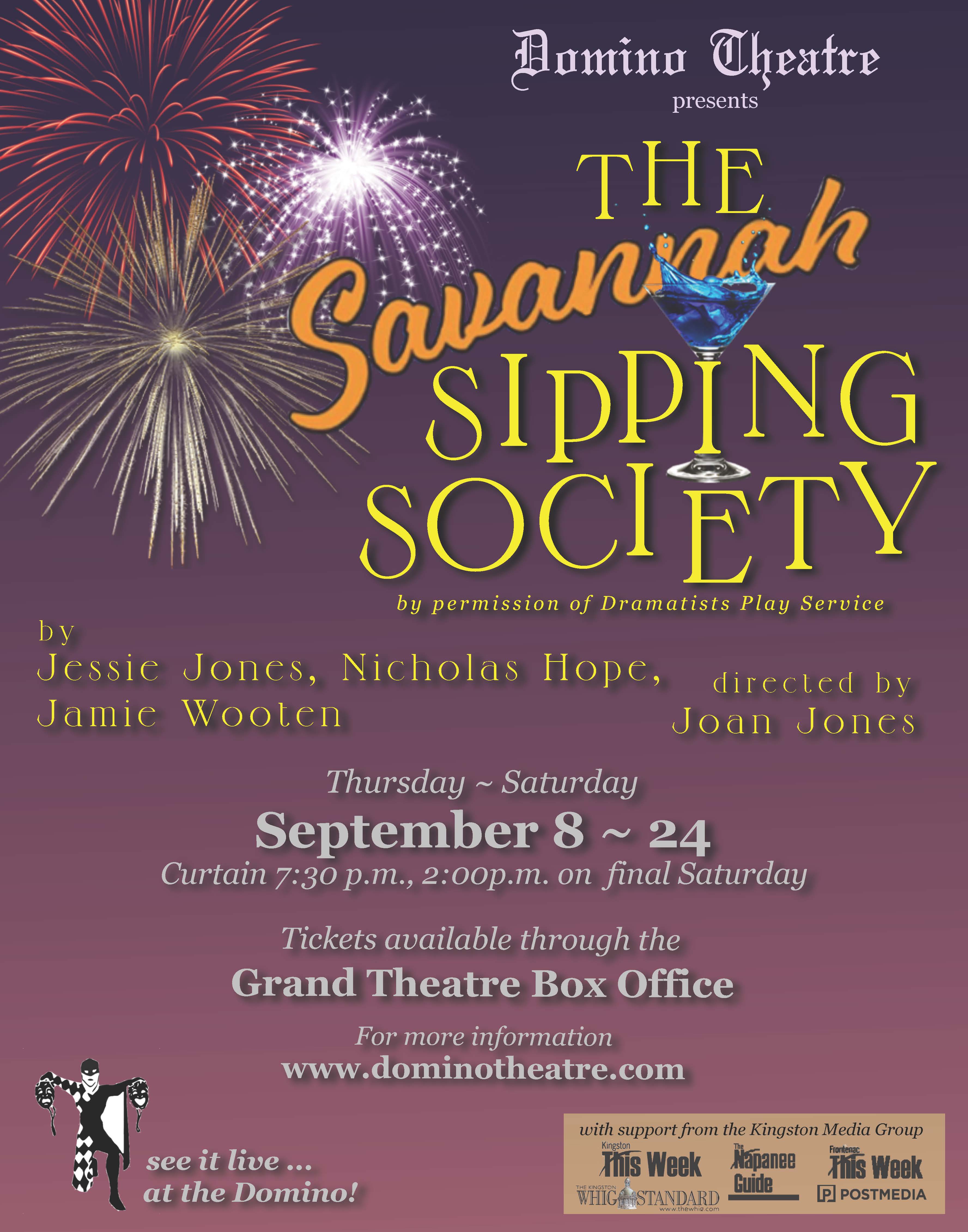 The Savannah Sipping Society purple background with a martini glass and fireworks