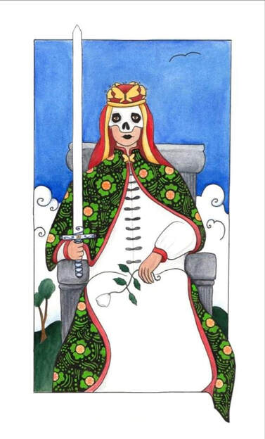 Queen of Swords Tarot card of a Queen wielding a sword