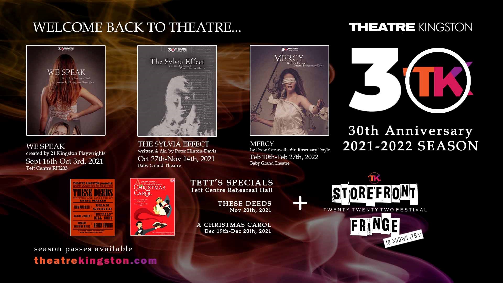 TK 30th Anniversary Season Collage of 5 images of shows being offered by Theatre Kingston