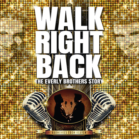 Walk Right Back - The Everly Brothers Story two old fashioned microphones facing off infront of gold sparkles