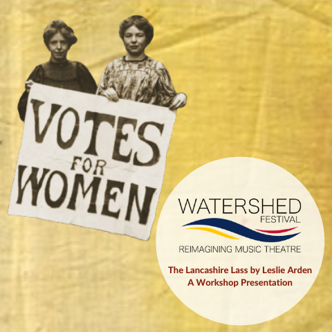 The Lancashire Lass by Leslie Arden crinkled yellow paper background with a vintage picture of two women holding a sign stating Votes for Women