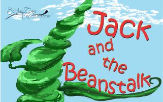 Jack and the Beanstalk cartoon of a bean stock with Jack and the Beanstalk in Red lettering