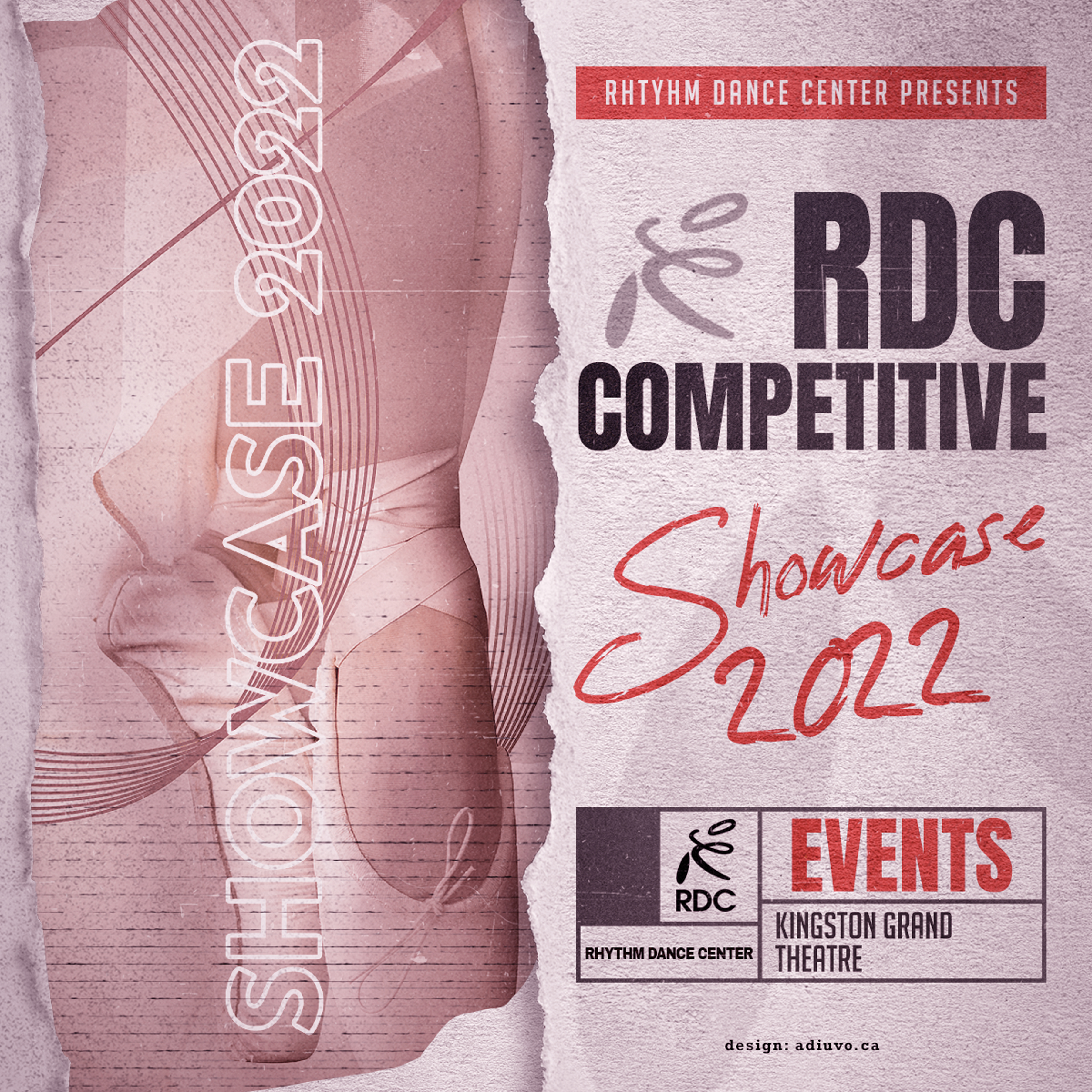 RDC Competitive Showcase 2022 Poster with dancer on left, and listing details of event on right.