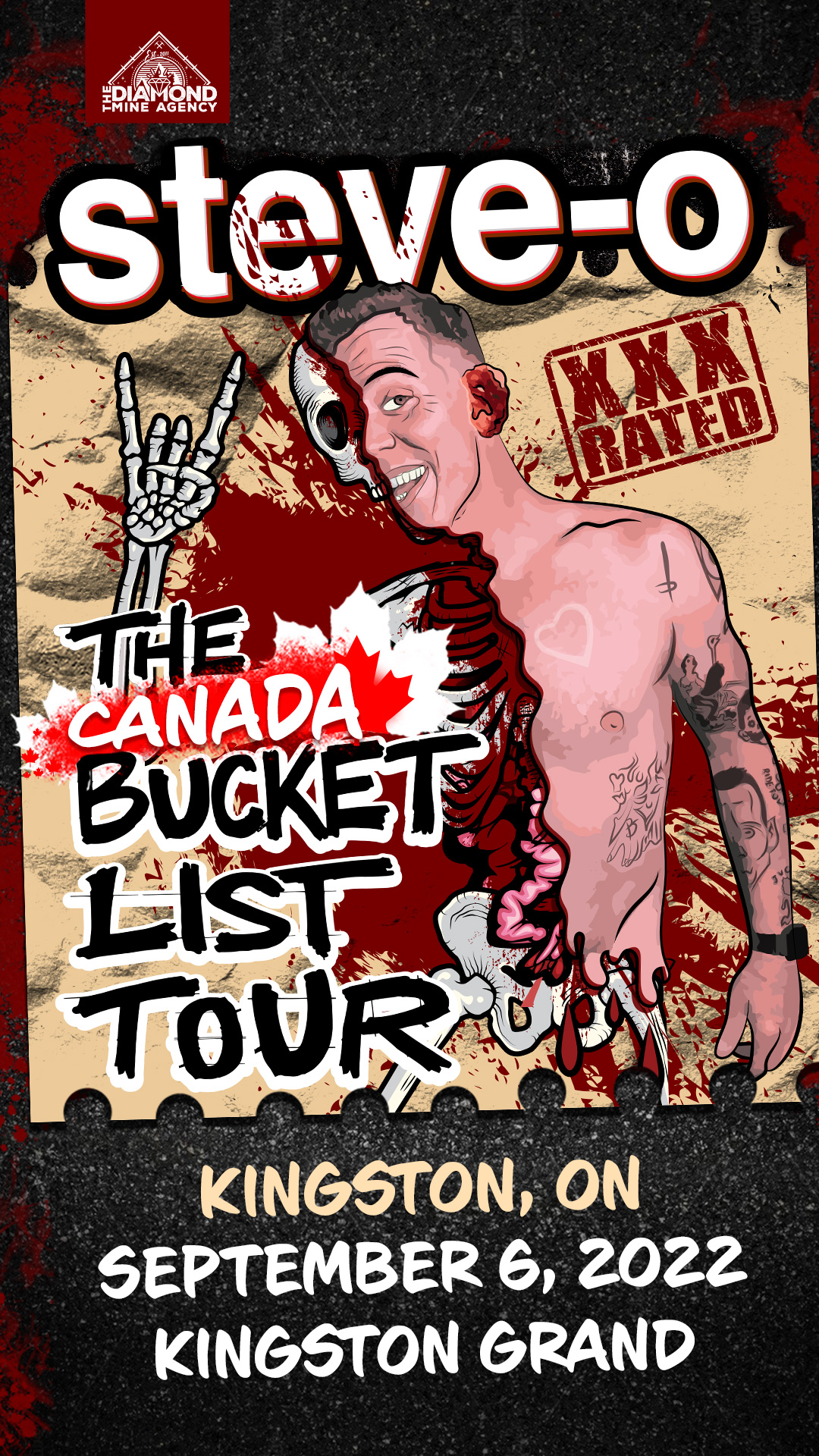 STEVE-O The Canada Bucket List Tour Cartoon of Steve-O, half man half half corpse, giving the peace sign