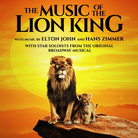 a cartoon of a lion and cub on a rock cliff with a yellow and orange sky behind them