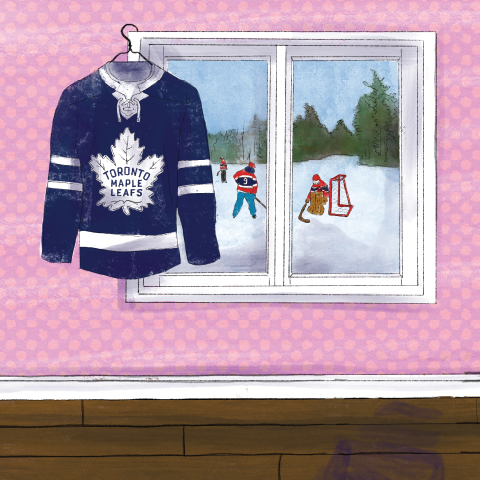 Alt text:  Toronto Maple Leafs jersey hanging beside a window overlooking children playing hockey on a snowy outdoor rink.
