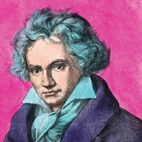 Alt text:  Illustrated portrait of composer Ludwig van Beethoven in blue and purple tones against a bright pink background.