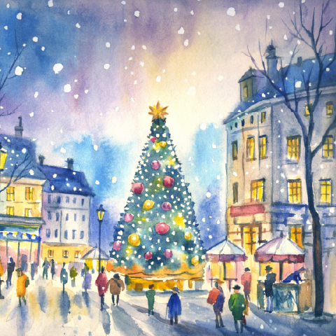 Alt text:  Watercolor winter town square with a decorated Christmas tree, falling snow, and people strolling among festive market stalls.