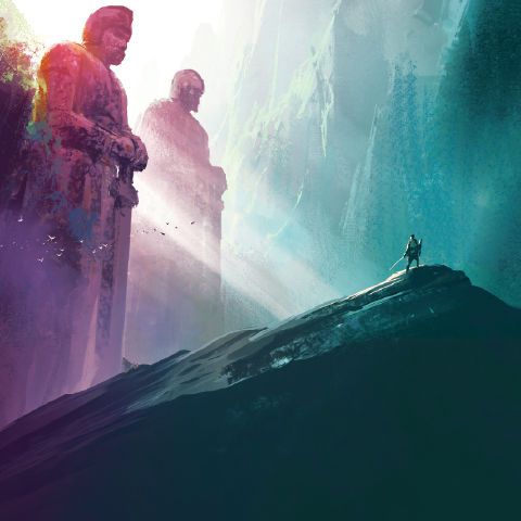 Alt text:  Fantasy landscape with towering statues overlooking a lone figure standing on a rocky ridge in a misty, colorful canyon.