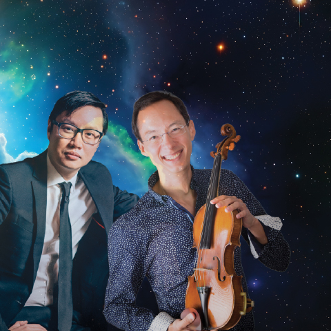 Alt text:  Two musicians posing with a violin against a colorful space-themed background filled with stars and nebulae.