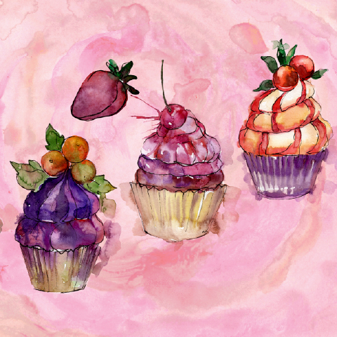 Alt text:  Watercolor illustration of three decorated cupcakes with berries and fruit on a pink background.